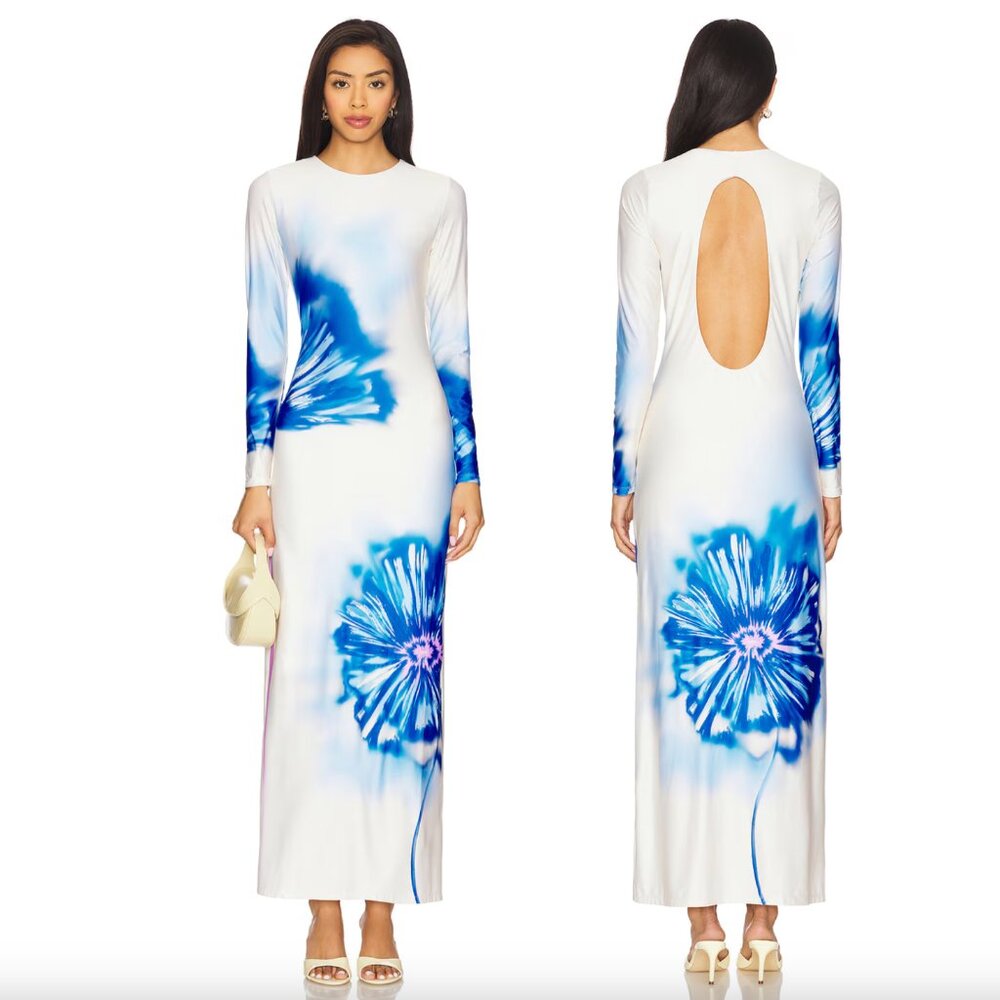 NEW Especia Lim Creme Long Dress in Yellow Blue Flower Long Sleeve Large